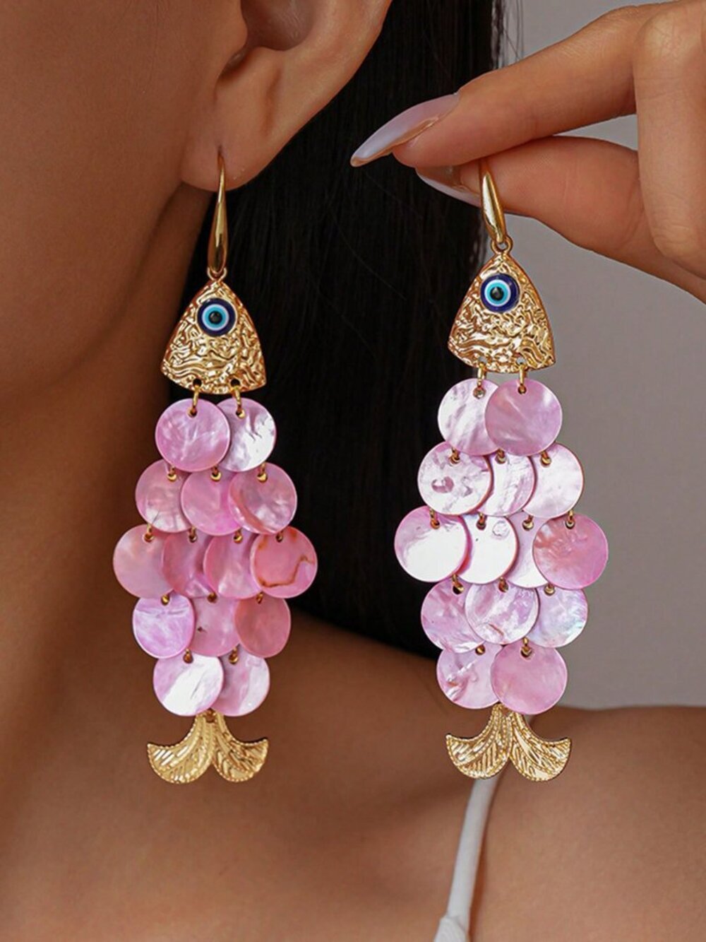 Pink Women's Creative Fish Shaped Shell Tassel Earrings